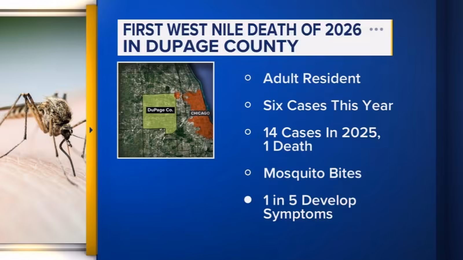 DuPage County health officials report 1st West Nile virus death of 2026
