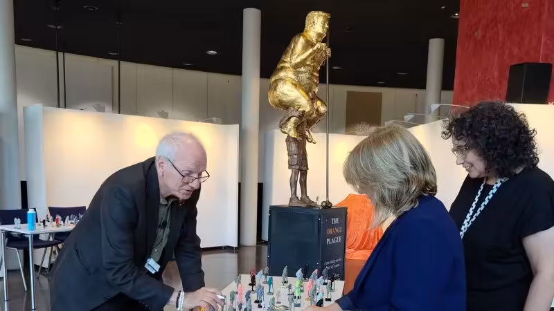 Golden naked Trump statue installed at European Parliament