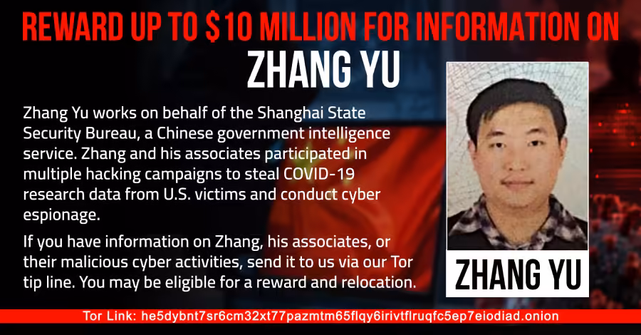 U.S. Offers Up to $10 Million for Tips on Zhang Yu, Charged in HAFNIUM Hacks